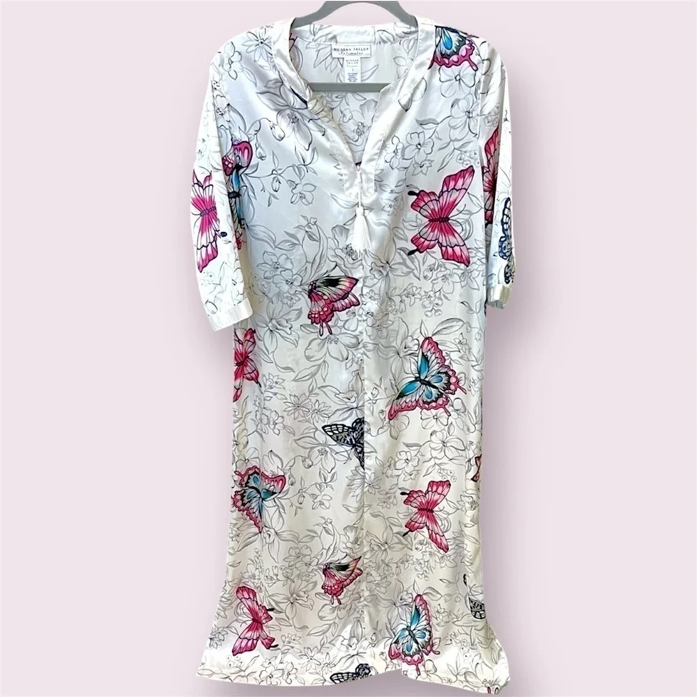 Vintage Morgan Taylor satin Kaftan, house robe butterflies print, 3/4 sleeve